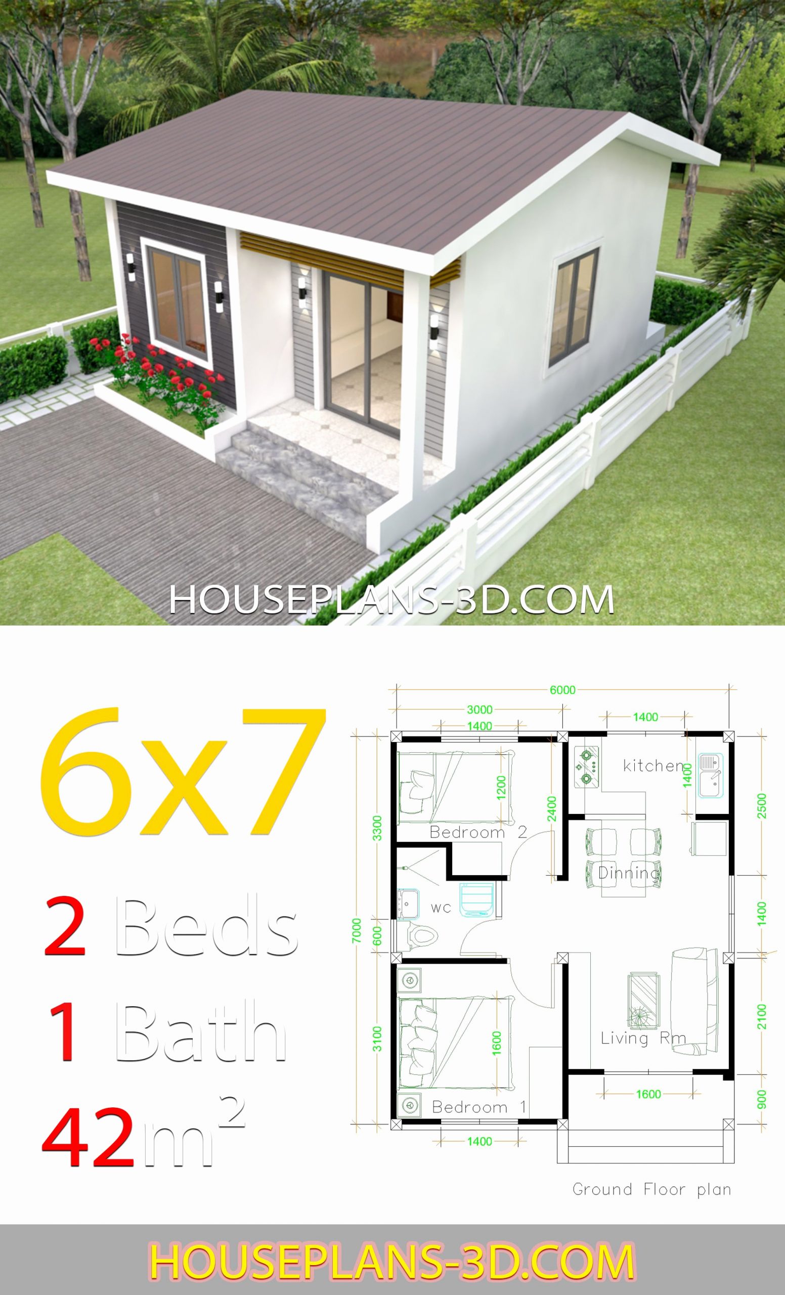 2 Bedroom House Plans Awesome House Design 6x7 with 2 Bedrooms House Plans 3d