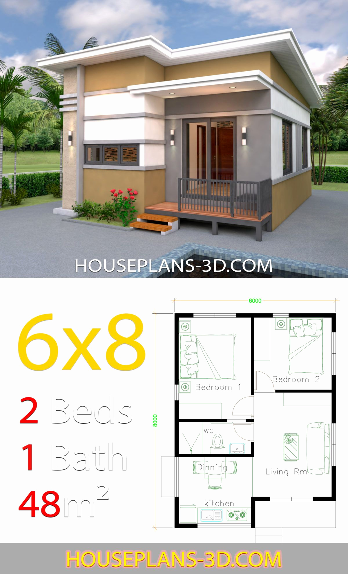 2 Bedroom House Plans Beautiful House Design 6x8 with 2 Bedrooms